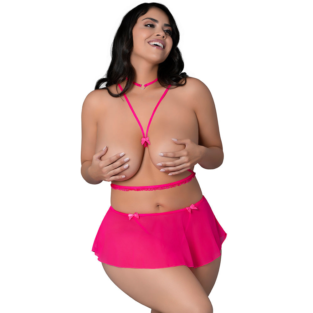 Pink Kink Harness Top Skirt Panty & Choker Set - Queen